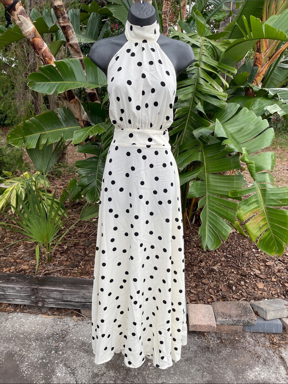 Cream and black polkadot bow back halter dress